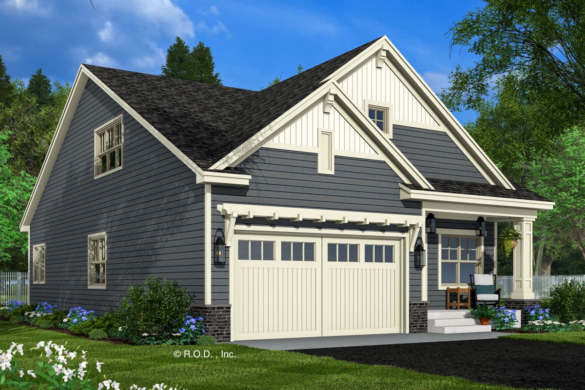 House plan exterior: Modern Farmhouse style, two-story with a two-car garage, covered front porch, and decorative gables.