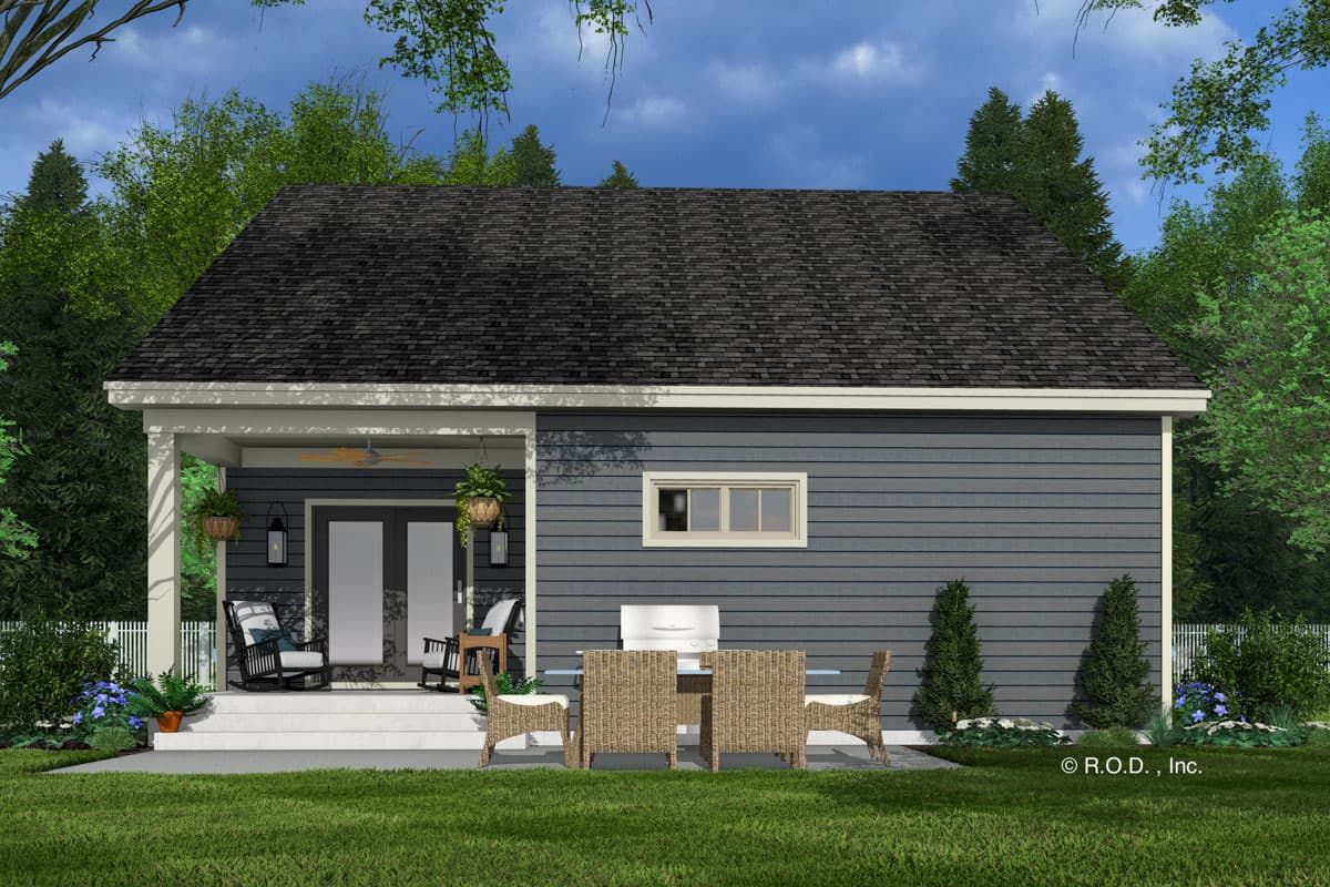 House plan exterior: single-story home with a covered porch, double doors, and a horizontal siding finish.