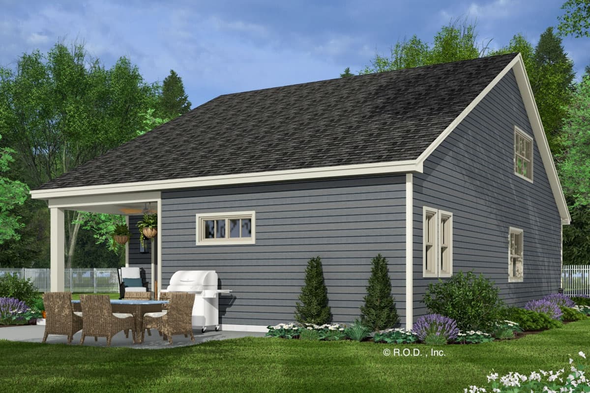 House plan exterior: One-story dwelling with siding, gable roof, and covered patio with outdoor seating and grill.