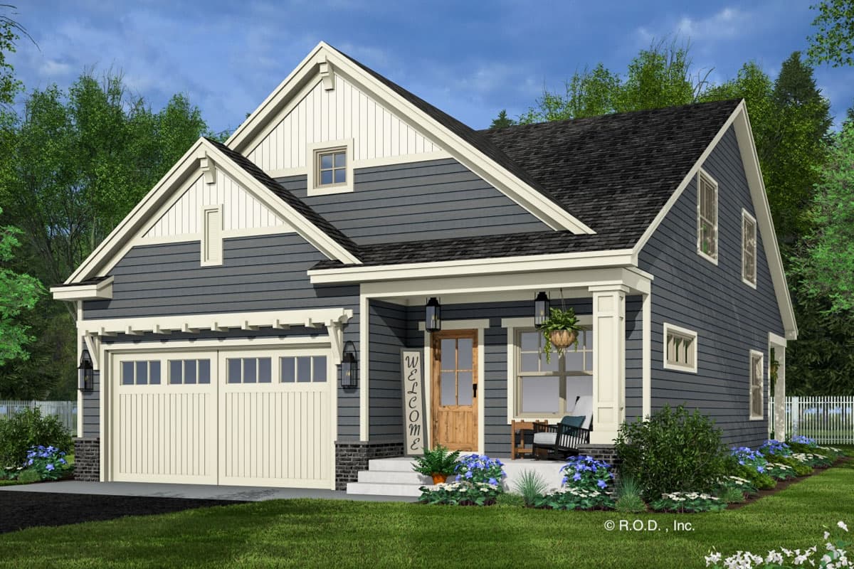 House plan exterior: Modern Farmhouse style, two stories, with a front-facing garage, covered front porch, and gabled dormers.