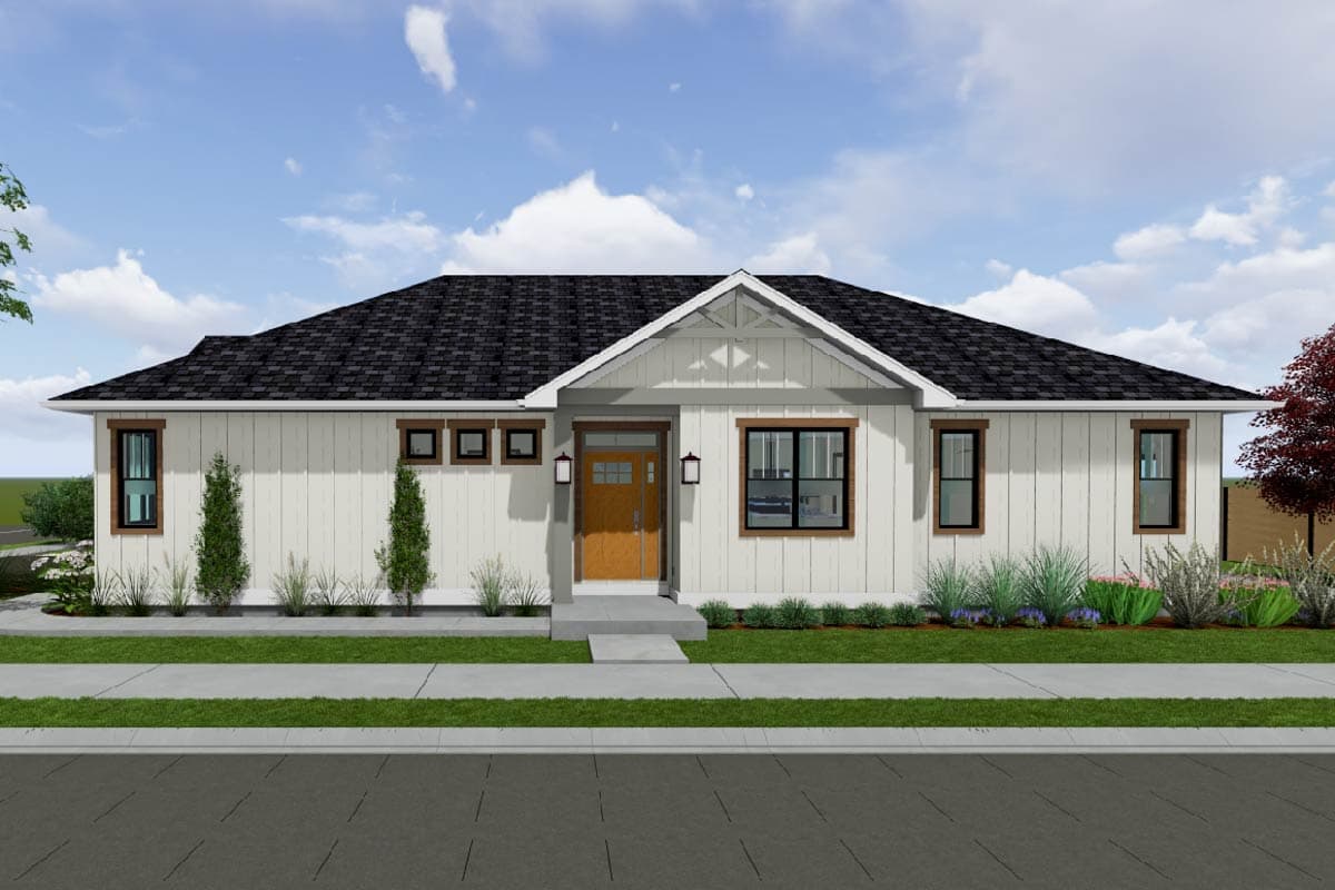 House plan exterior with board and batten siding, gable roof, and three front windows. Features a front entry porch and Craftsman style.