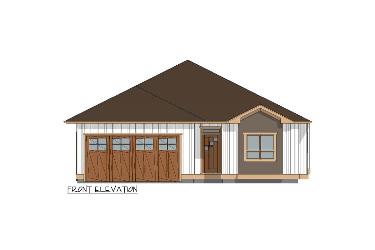 Front elevation drawing of a one-story house plan with a prominent gable, double garage doors, and a central entry.