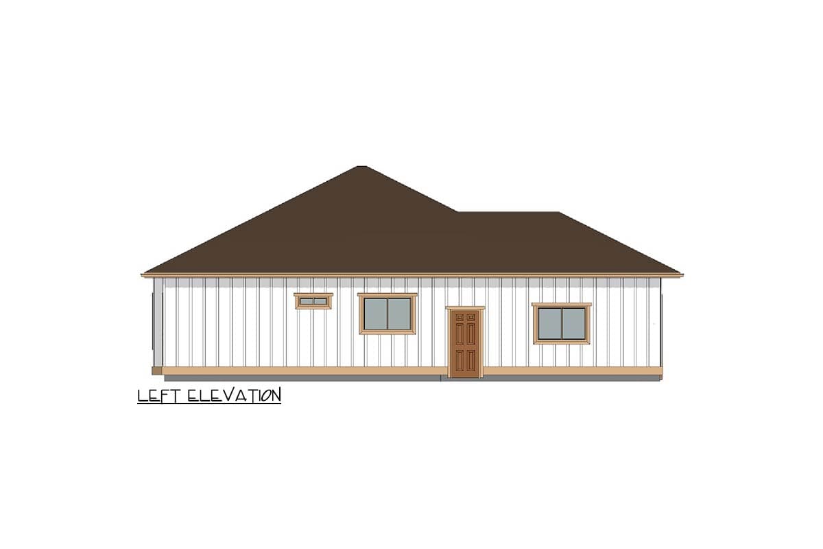 Left elevation house plan: one-story, white vertical siding, hip roof, three windows, and a double door.