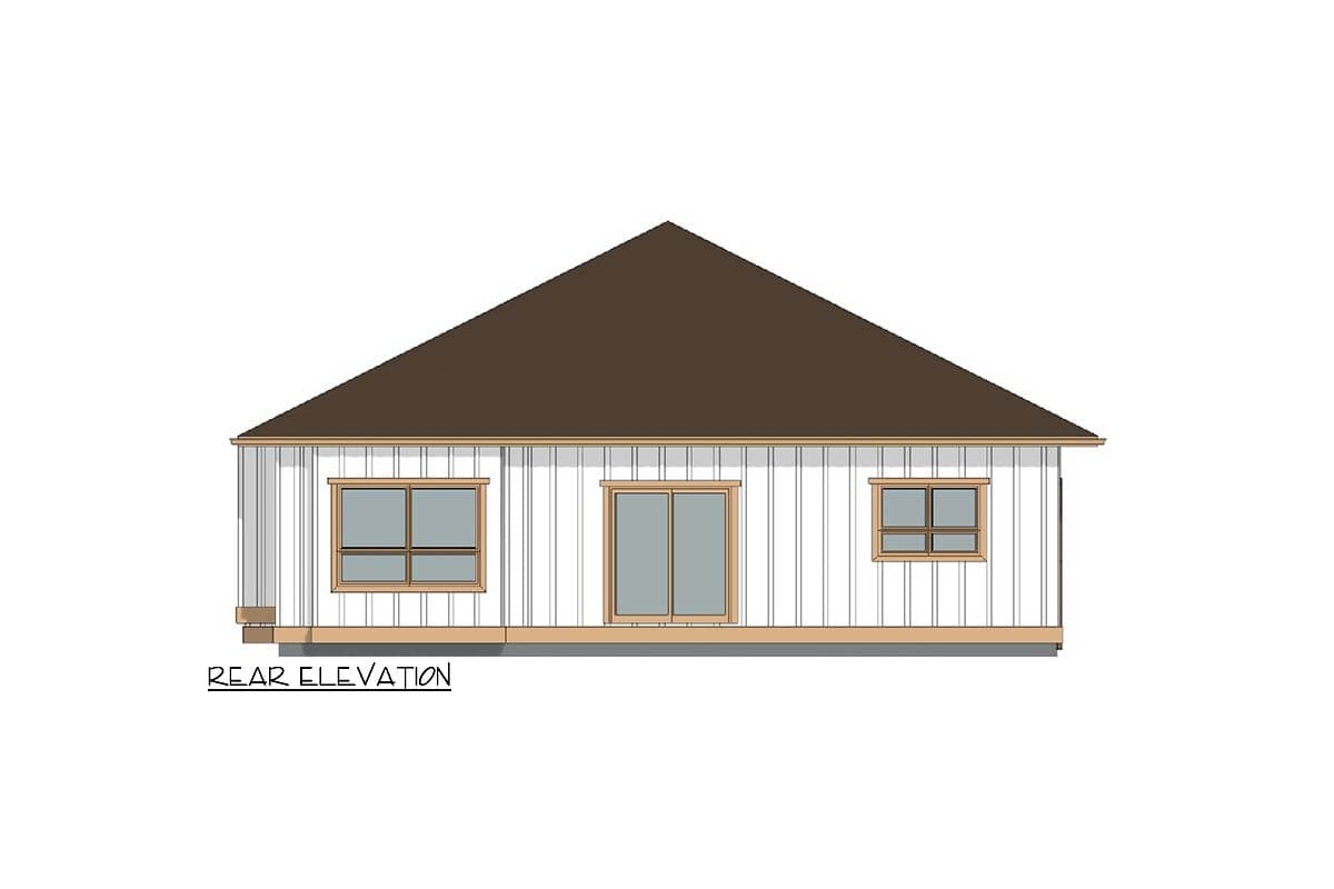 Rear elevation of a house plan featuring vertical siding, a gabled roof, one sliding glass door, and two windows.