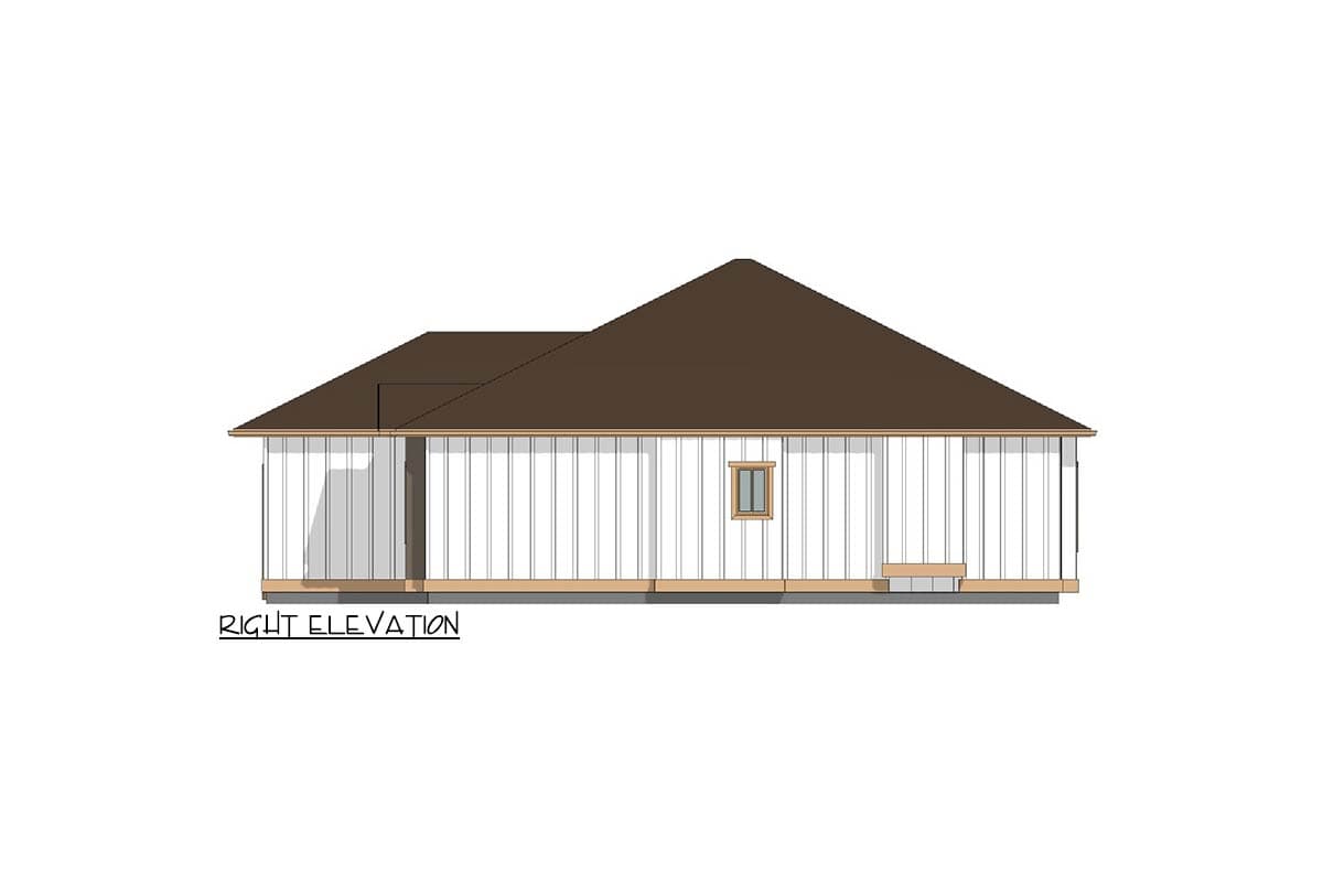 Right elevation house plan of a single-story home with a low-pitched roof, vertical siding, and a small window.