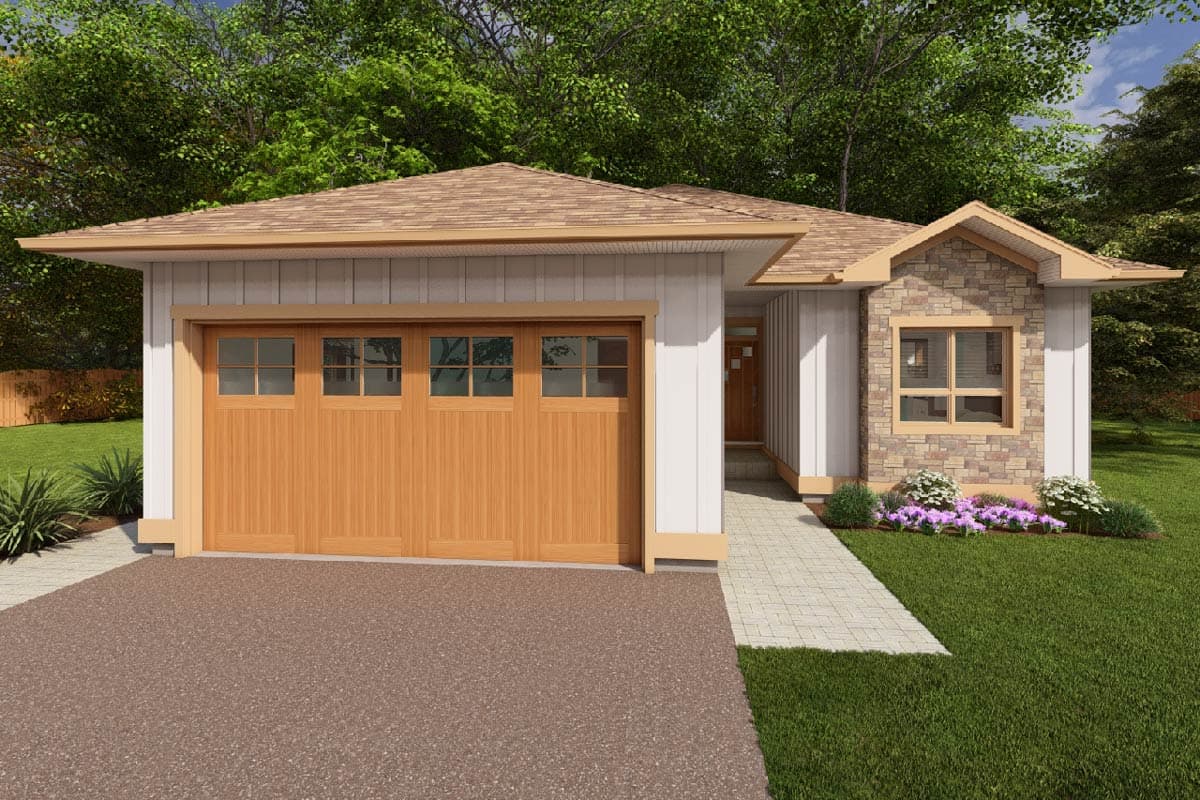 House plan exterior with Craftsman influences. Features include a front-facing garage, gabled roof over the entry, and a stone facade section.