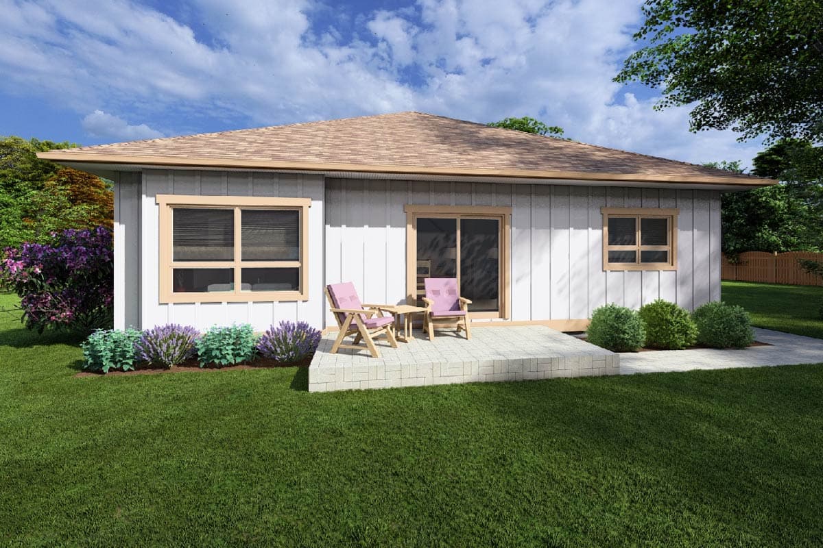 House plan exterior: One-story dwelling with vertical siding, gable roof, patio, and two windows.