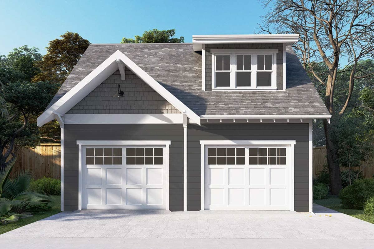 House plan exterior. Two-story garage in a Craftsman style. Features include gable roof, dormer with windows, and two garage doors.