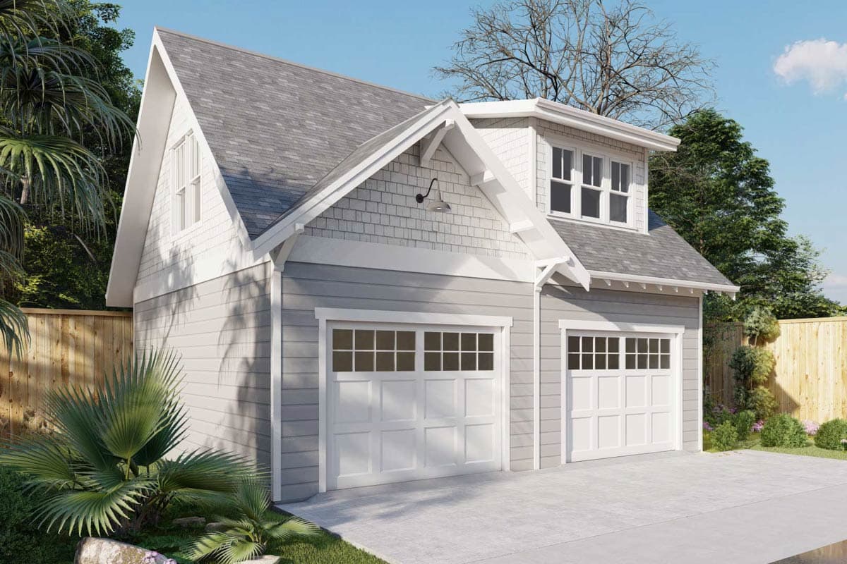 House plan exterior with two-car garage, gable dormers, and paneled garage doors.