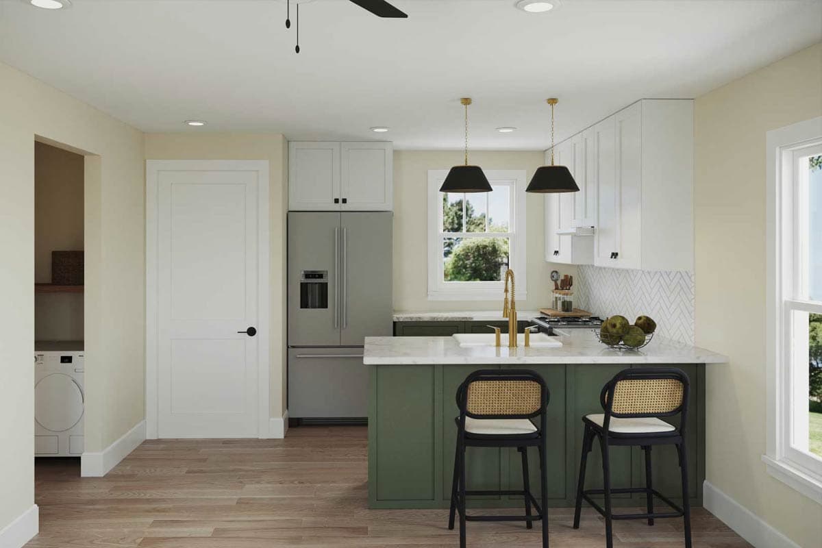 Kitchen rendering with green island, white cabinets, stainless steel refrigerator, and two bar stools.