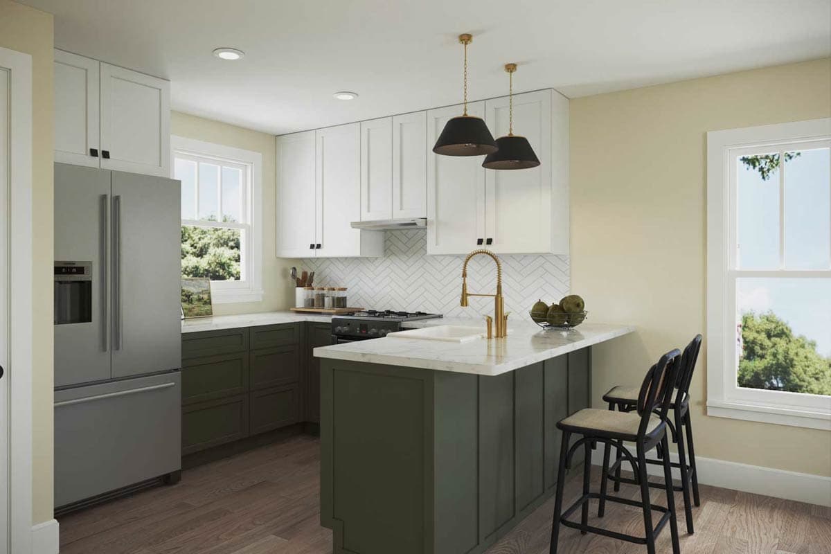 Kitchen rendering with white upper cabinets, dark green lower cabinets, marble island, herringbone backsplash, and stainless steel refrigerator.