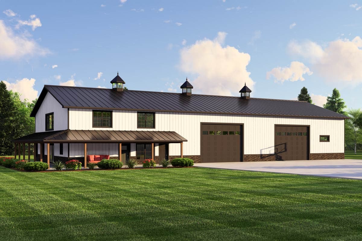 House plan exterior with two stories. Features include a wraparound porch, cupolas, and a shed-style roof. Detached garage on the right.