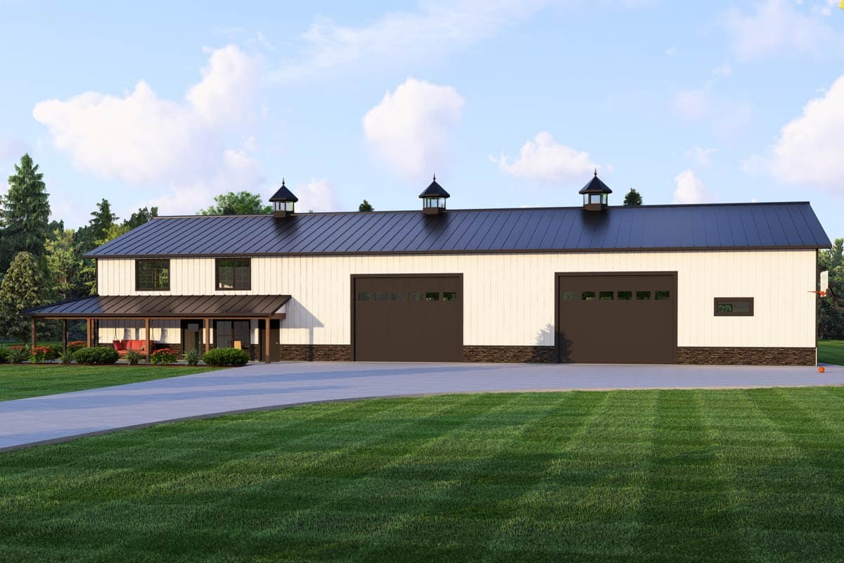 House plan exterior with a dark metal roof, cupolas, and a wraparound porch with two garage doors.
