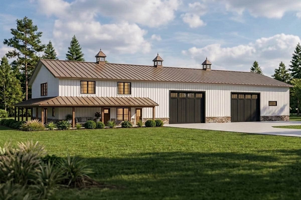 House plan exterior with two stories. Features include a wraparound porch, cupolas, and a shed-style roof. Detached garage on the right.