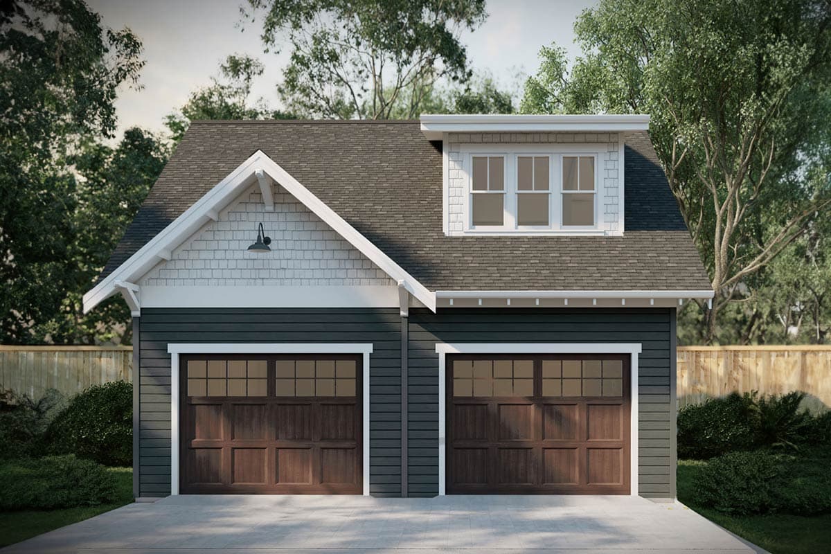 House plan exterior featuring two-car garage with dormer, shingle siding, and gabled roofline.