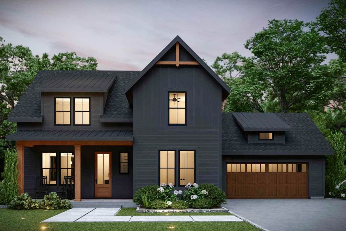 Modern Farmhouse house plan exterior: two stories, covered front porch, dark vertical siding, gabled dormer, and attached two-car garage.