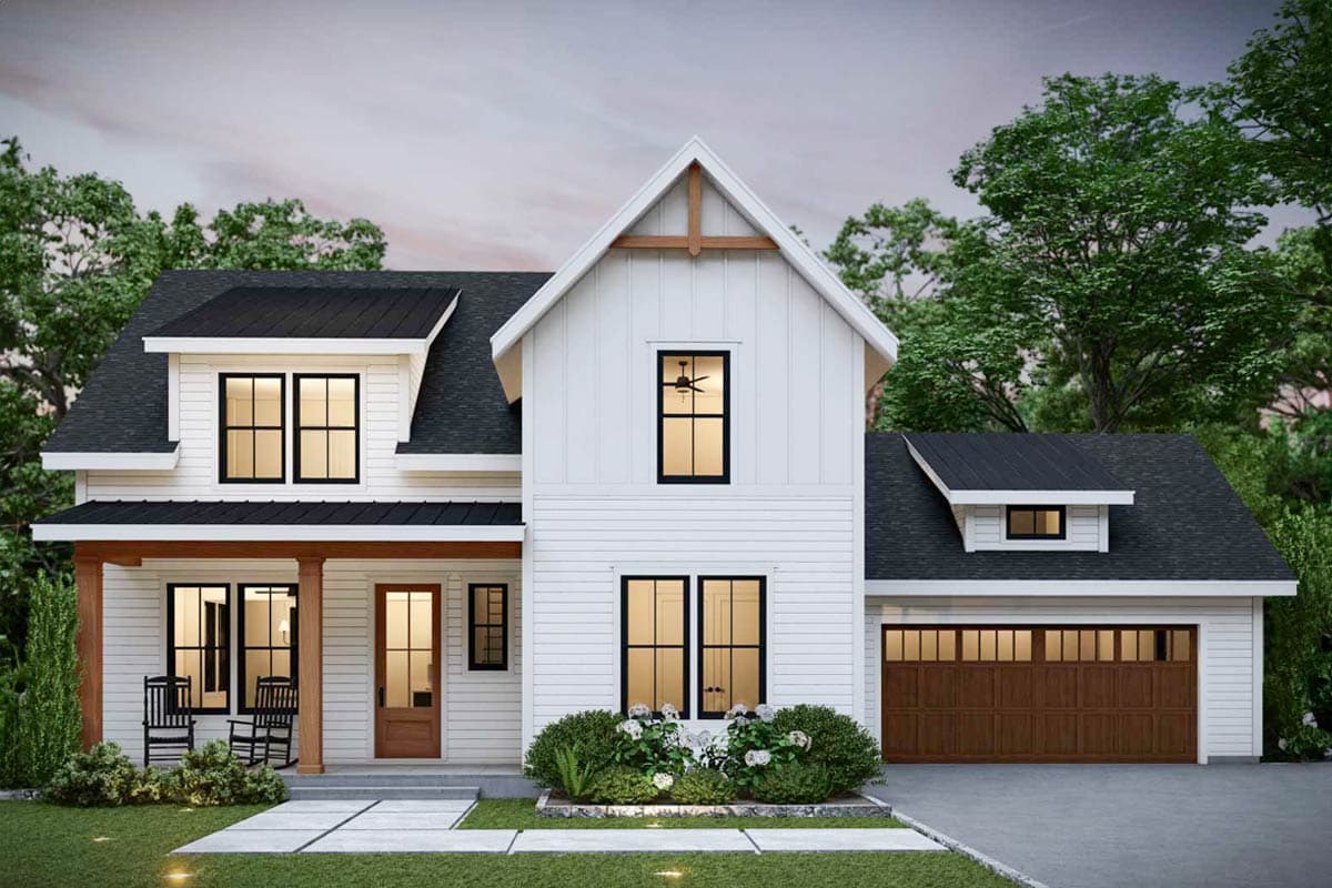 House plan exterior. Two-story Modern Farmhouse with gabled roof, covered porch, and attached garage. Includes dormer above the garage.