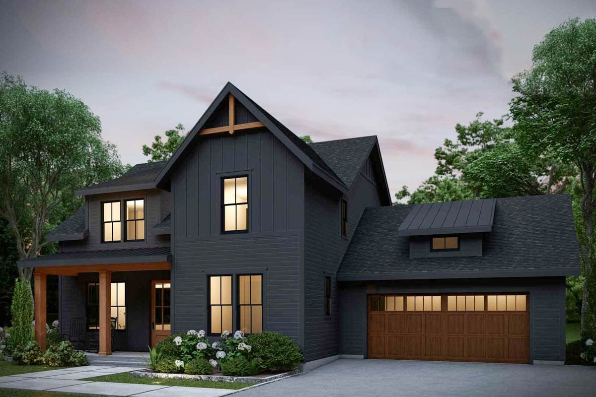 House plan exterior: Modern Farmhouse style, two stories, with a covered porch, prominent gables, and an attached two-car garage.