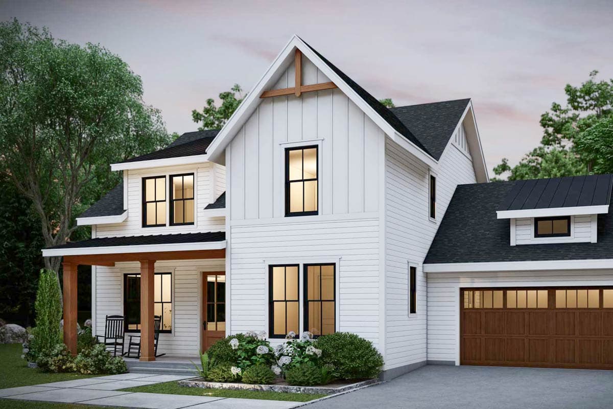 Modern Farmhouse house plan exterior with board and batten siding, prominent gable with wooden beam accent, and attached garage.
