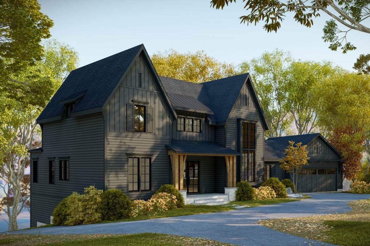 House plan exterior: Modern Farmhouse style, two stories, gabled roof, board and batten siding, covered entry with wood supports, and attached garage.