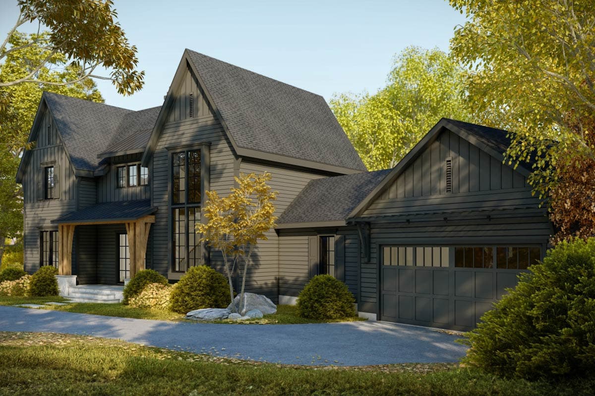 Modern Farmhouse house plan exterior with prominent gables, board and batten siding, and attached garage.
