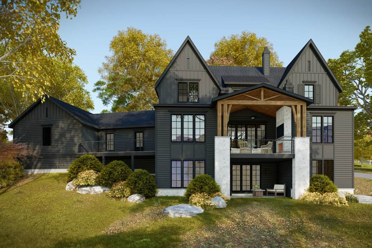 House plan exterior: Modern Farmhouse style, two stories, features gables, a covered balcony with wooden beams, and large windows.