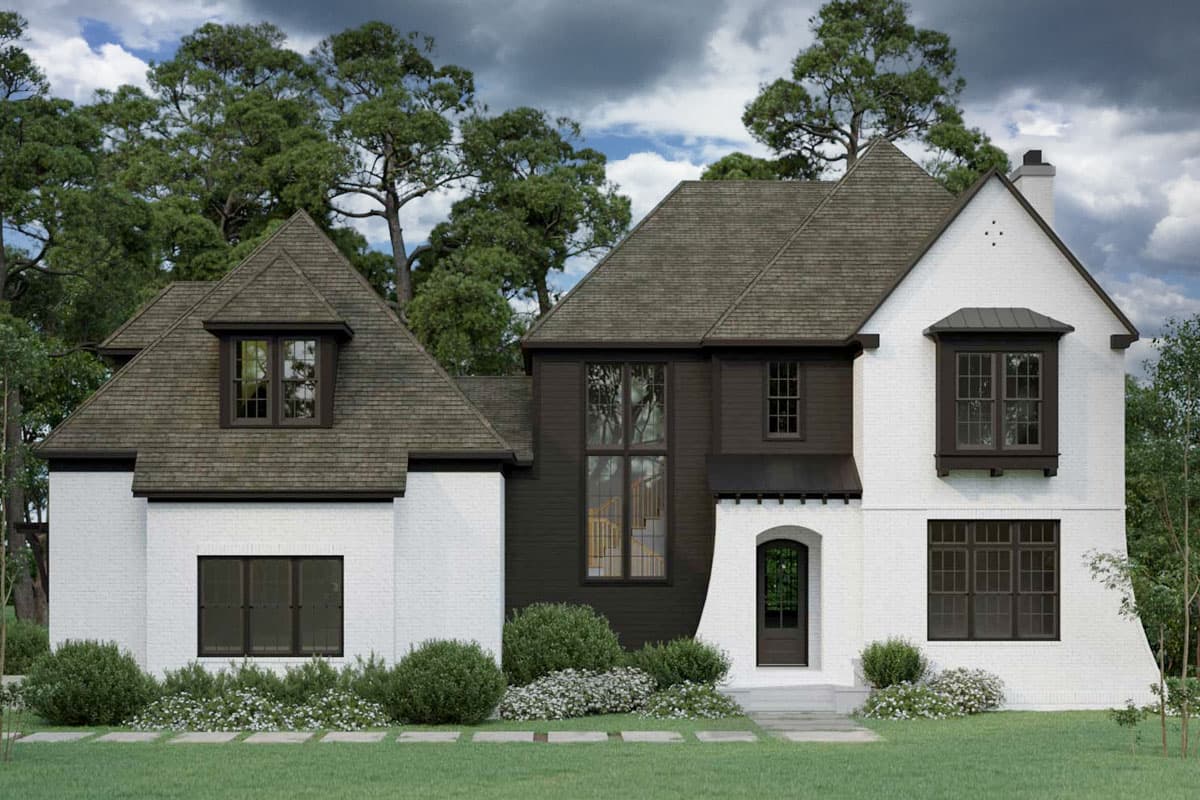 House plan exterior. Two-story with gabled roof, dormers, and dark-framed windows. Features a combination of dark siding and white brick.