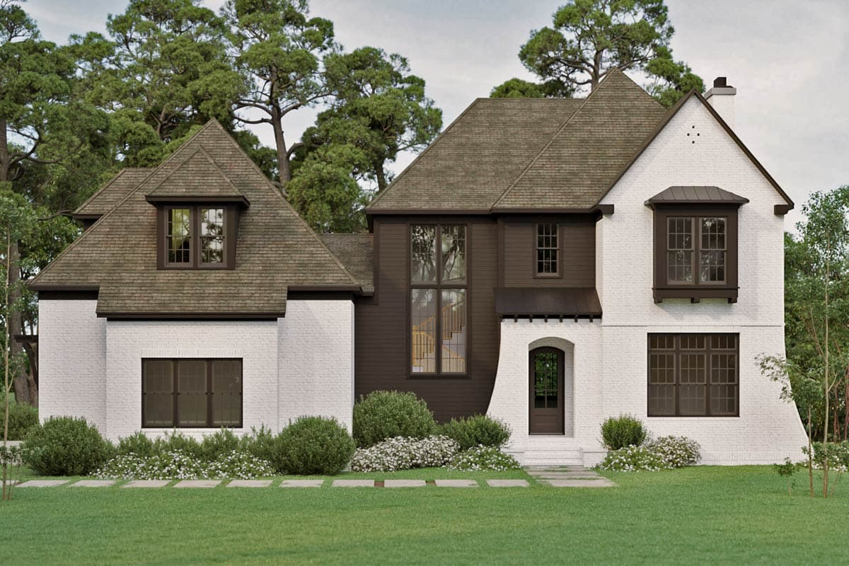 House plan exterior: Two-story modern farmhouse with white brick, dark wood accents, gables, dormer, and arched entryway.