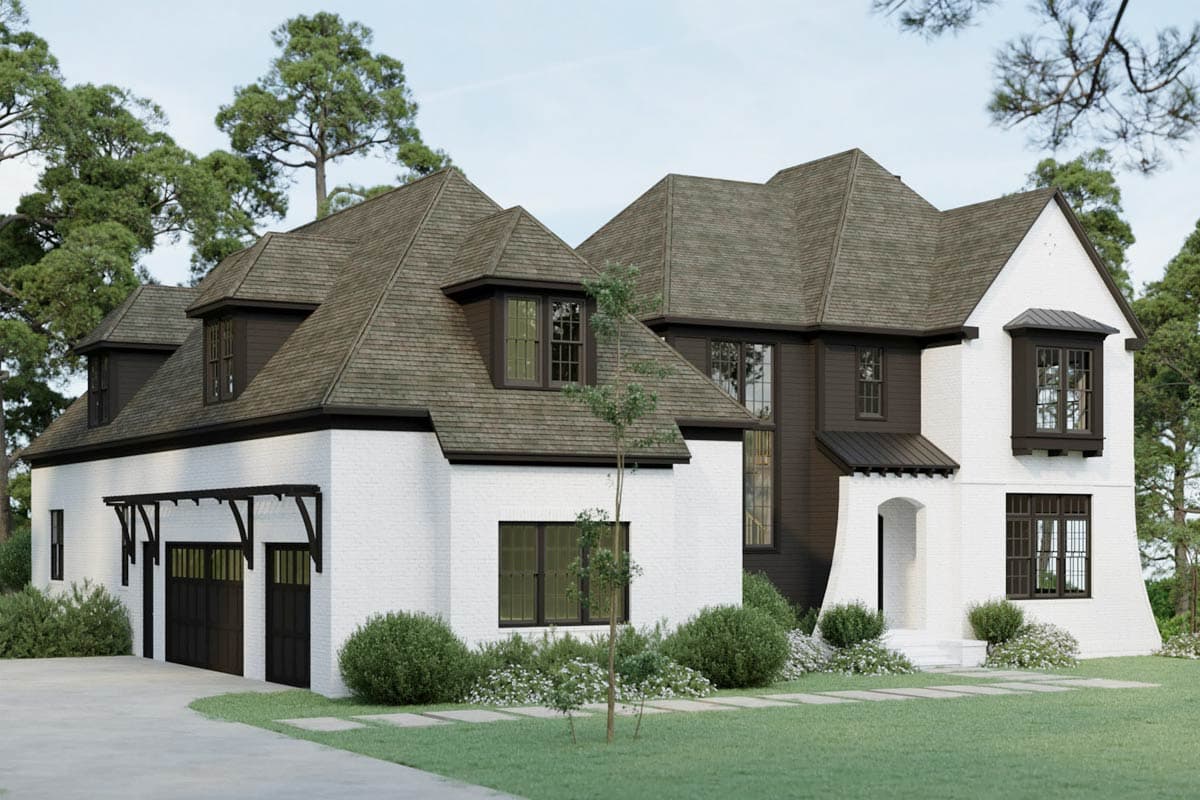 House plan exterior. Two-story, white brick home with dark trim, hip roof, dormers, and a side-facing garage with pergola.