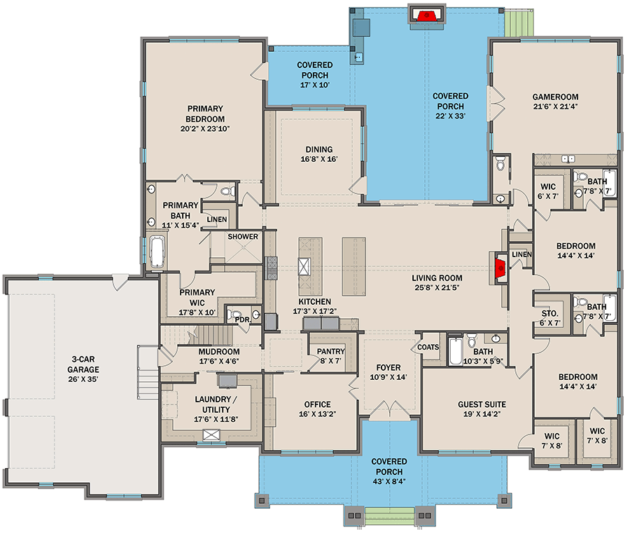 Plan 25445TF: 4-Bed Craftsman House Plan with Optionally Finished Bonus Room - 5092 Sq Ft - Floor Plan - Main Level - Country, Craftsman, New American