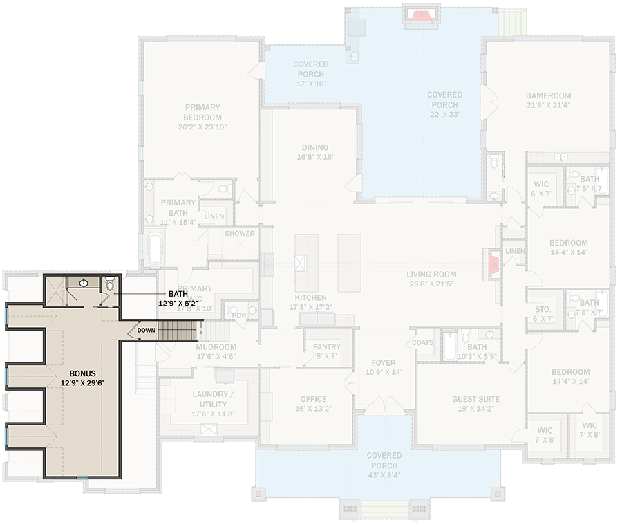 Plan 25445TF: 4-Bed Craftsman House Plan with Optionally Finished Bonus Room - 5092 Sq Ft - Floor Plan - Optionally Finished Bonus Room - Country, Craftsman, New American