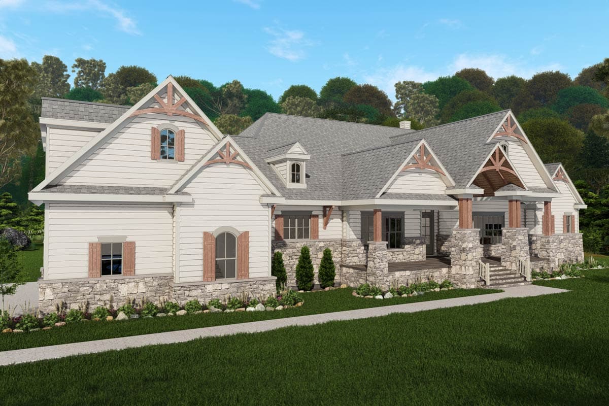 House plan exterior: Craftsman style, two stories, stone foundation, timber accents, prominent gables, and covered front porch.