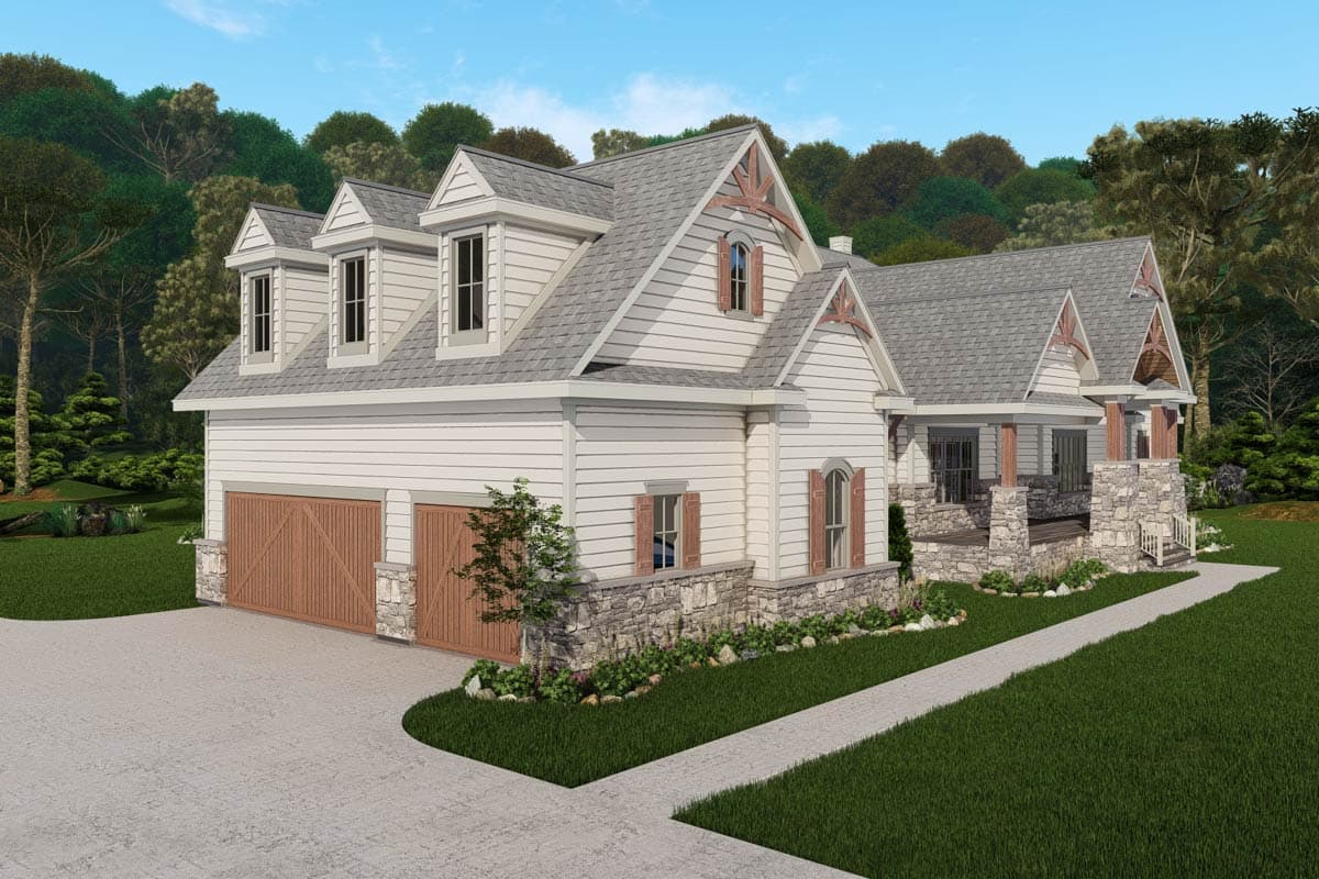 House plan exterior featuring a two-story main house with a side-entry, three-car garage, dormers, stone accents, and a covered front porch.