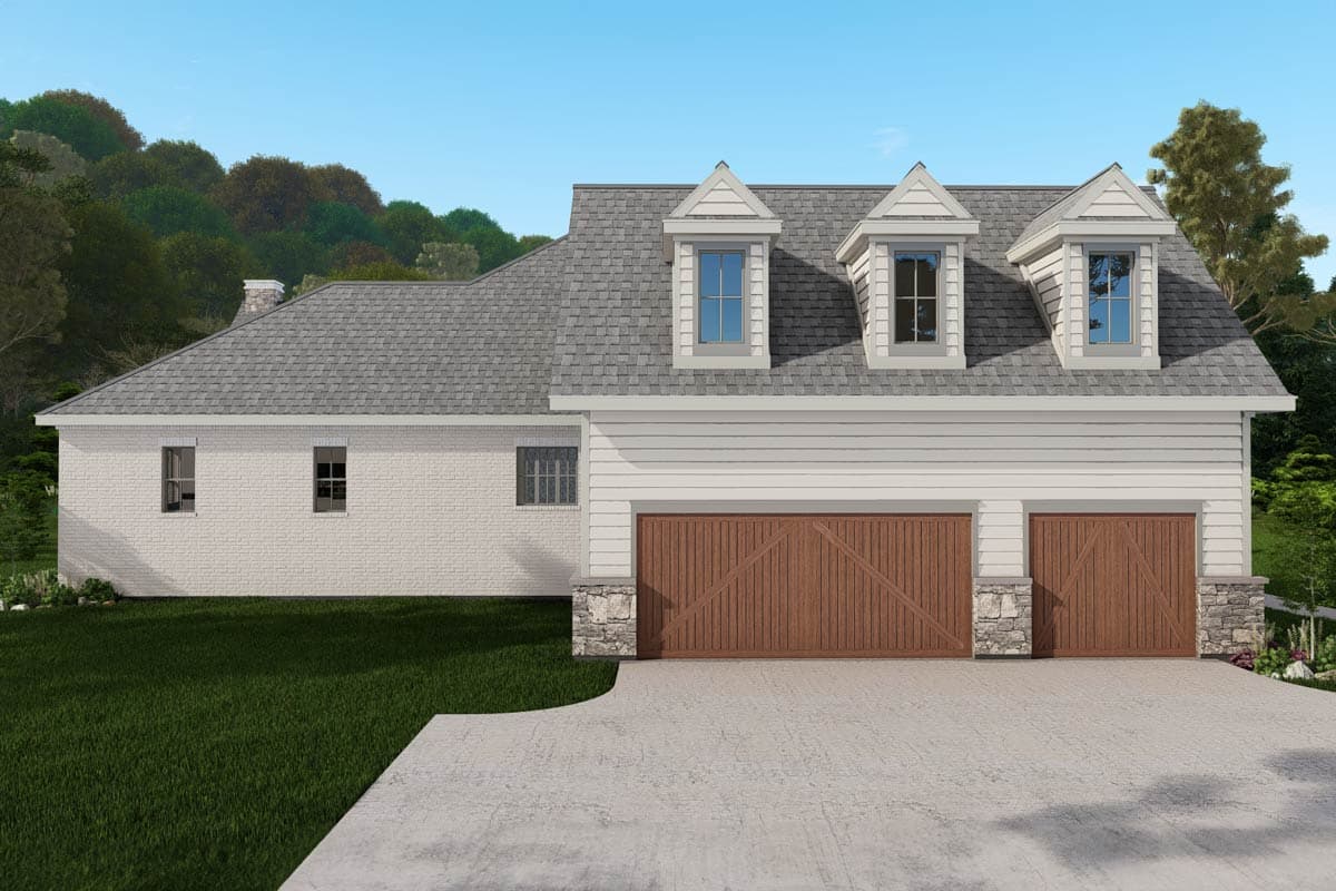 House plan exterior: One-story brick and siding with a three-car garage, gabled dormers, and a sloped roof.