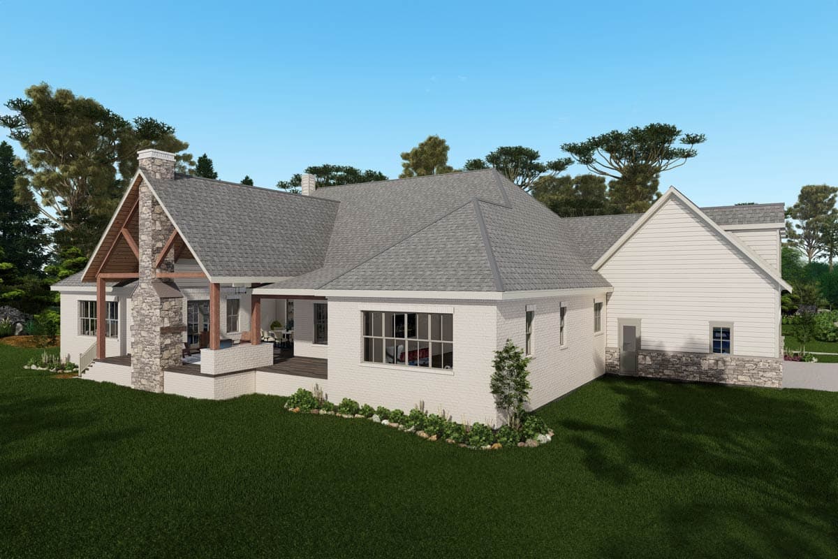 House plan exterior: Ranch style, white brick, prominent stone chimney with exposed beams, and covered porch.
