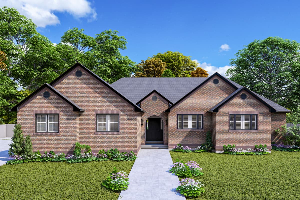 House plan exterior. One-story brick house with gabled roof, prominent front entry, and multiple dormers. Landscaped with a walkway to the front door.