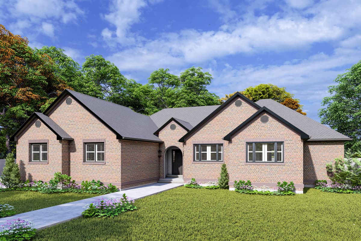 House plan exterior: One-story brick home with multiple gables, arched entry, and attached garage. Distinctive rooflines.