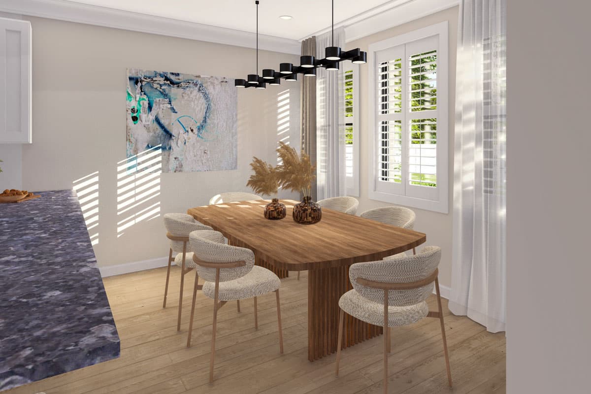 Dining room with wood table, upholstered chairs, modern chandelier, and plantation shutters.