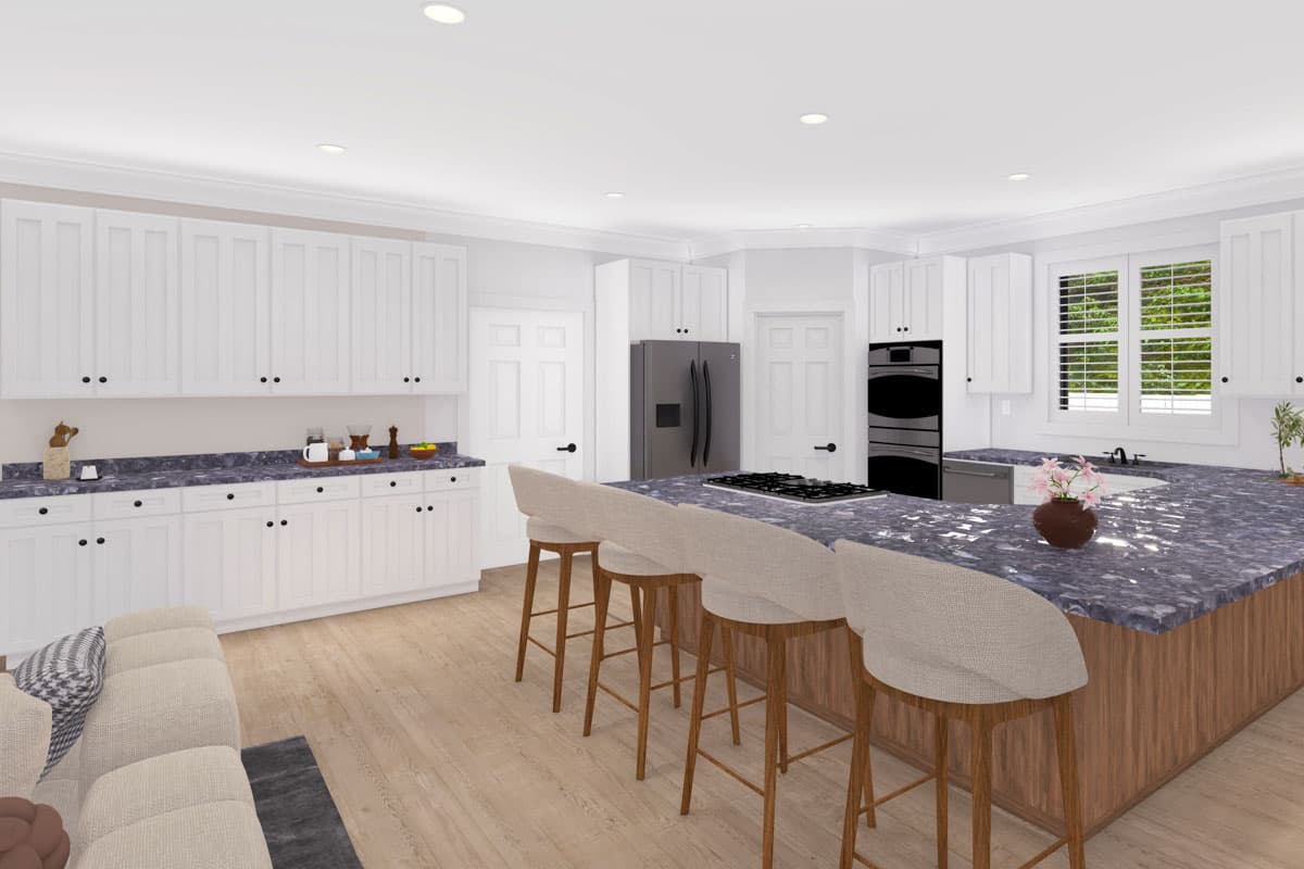 Kitchen with white shaker cabinets, large island with seating, stainless steel appliances, and wood floors.