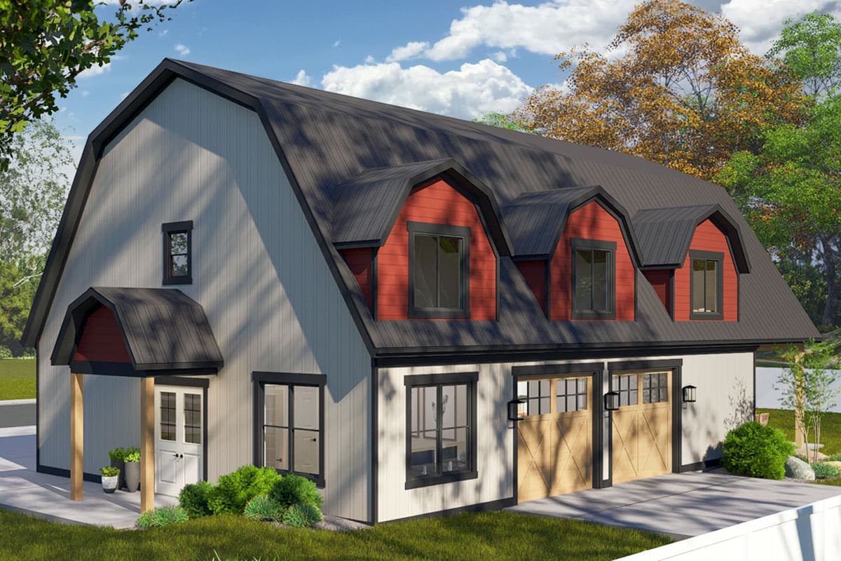House plan exterior with two stories, barn style roof, and three dormers. Features a porch with a small gable and attached garage.