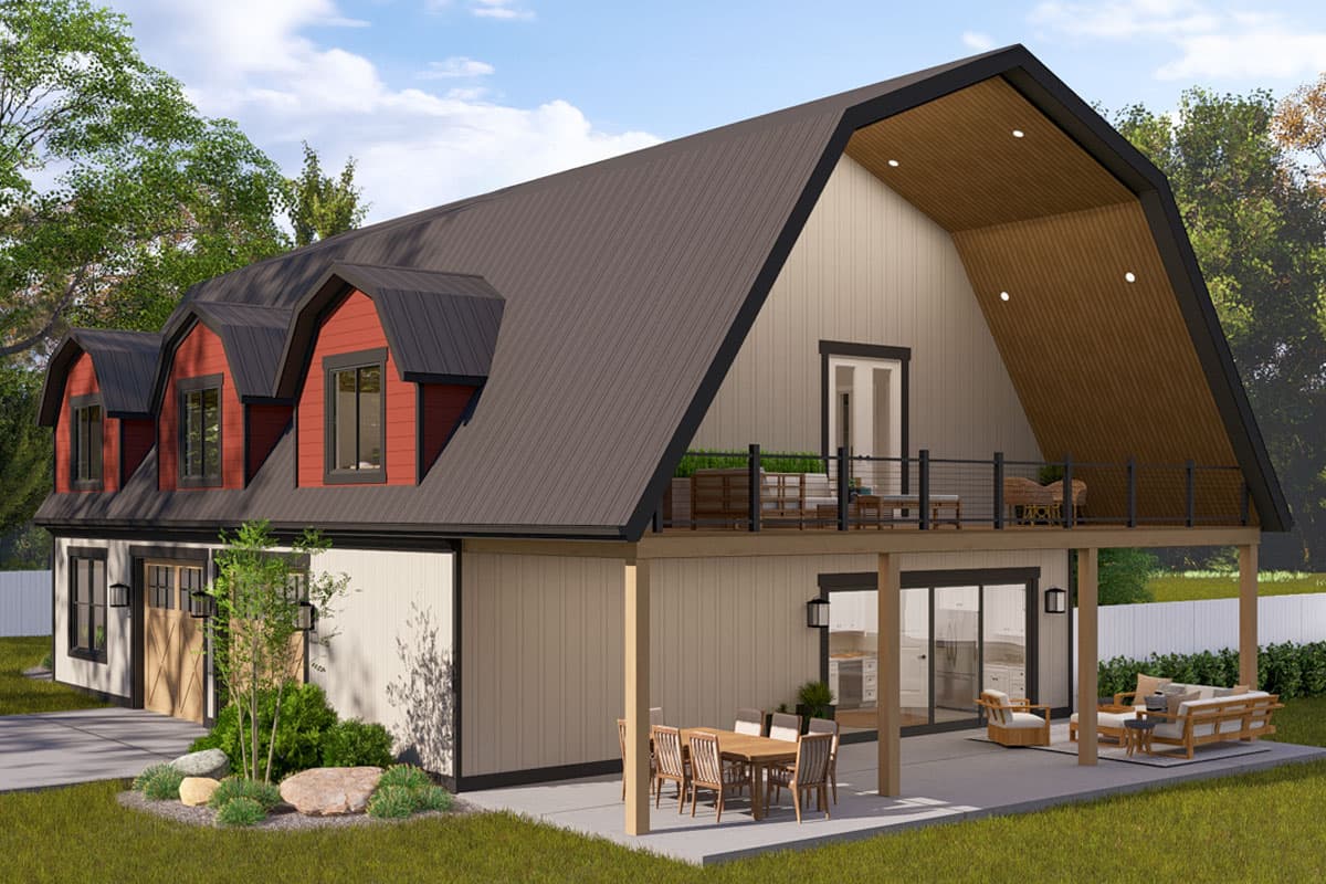 Modern Farmhouse house plan exterior with gambrel roof, three dormers, second-story deck, and covered patio.