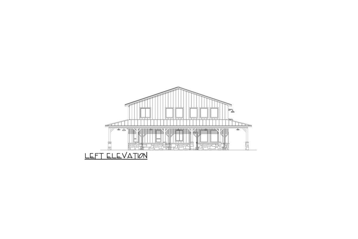 Left elevation drawing of a two-story house plan with a wraparound porch, gabled roof, and stone foundation.