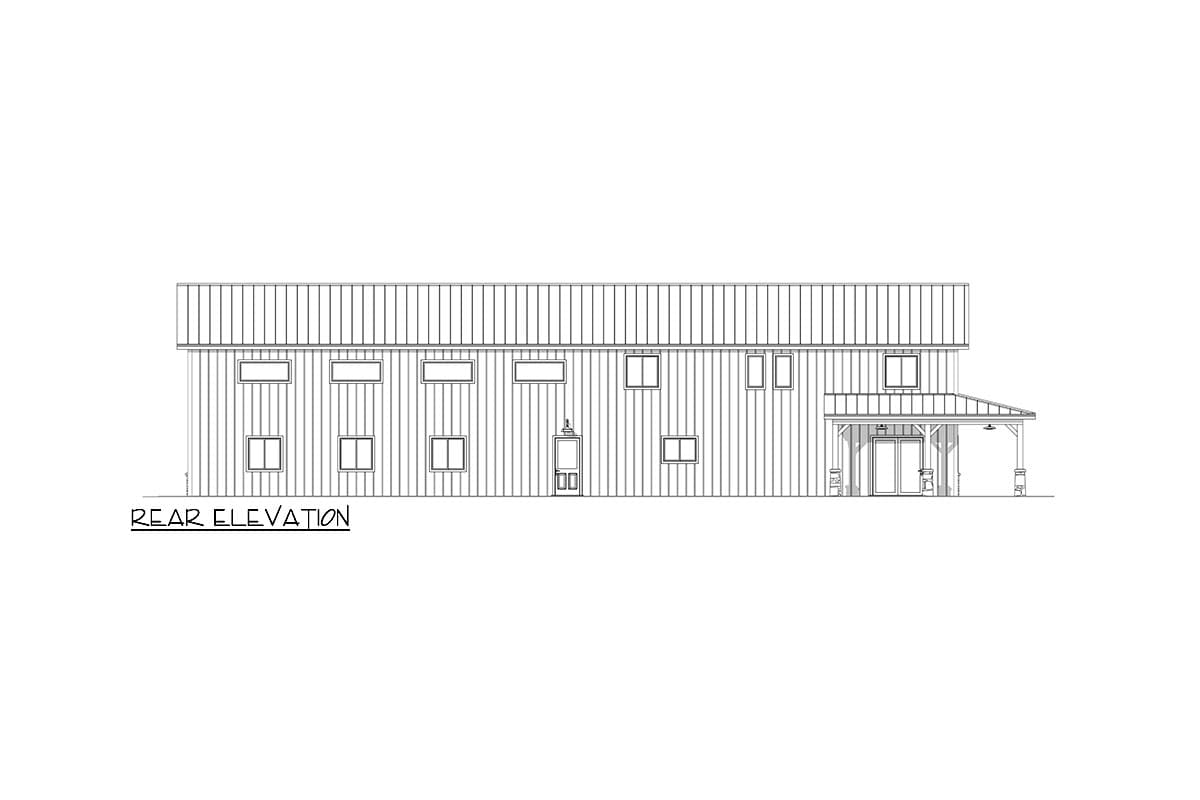 Rear elevation drawing of a house plan with a metal roof, multiple windows, and a covered entry porch.
