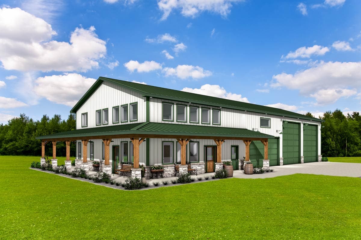 House plan exterior with two stories. Features a covered porch with timber columns, a gable roof, and two-car garage. White siding with green trim.