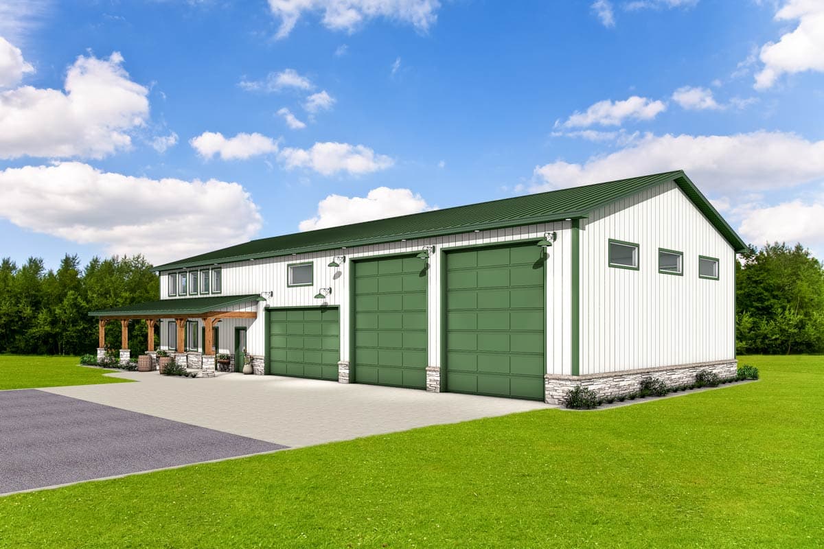 House plan exterior with a wrap-around porch, metal roof, and three garage bays. Modern barn style.