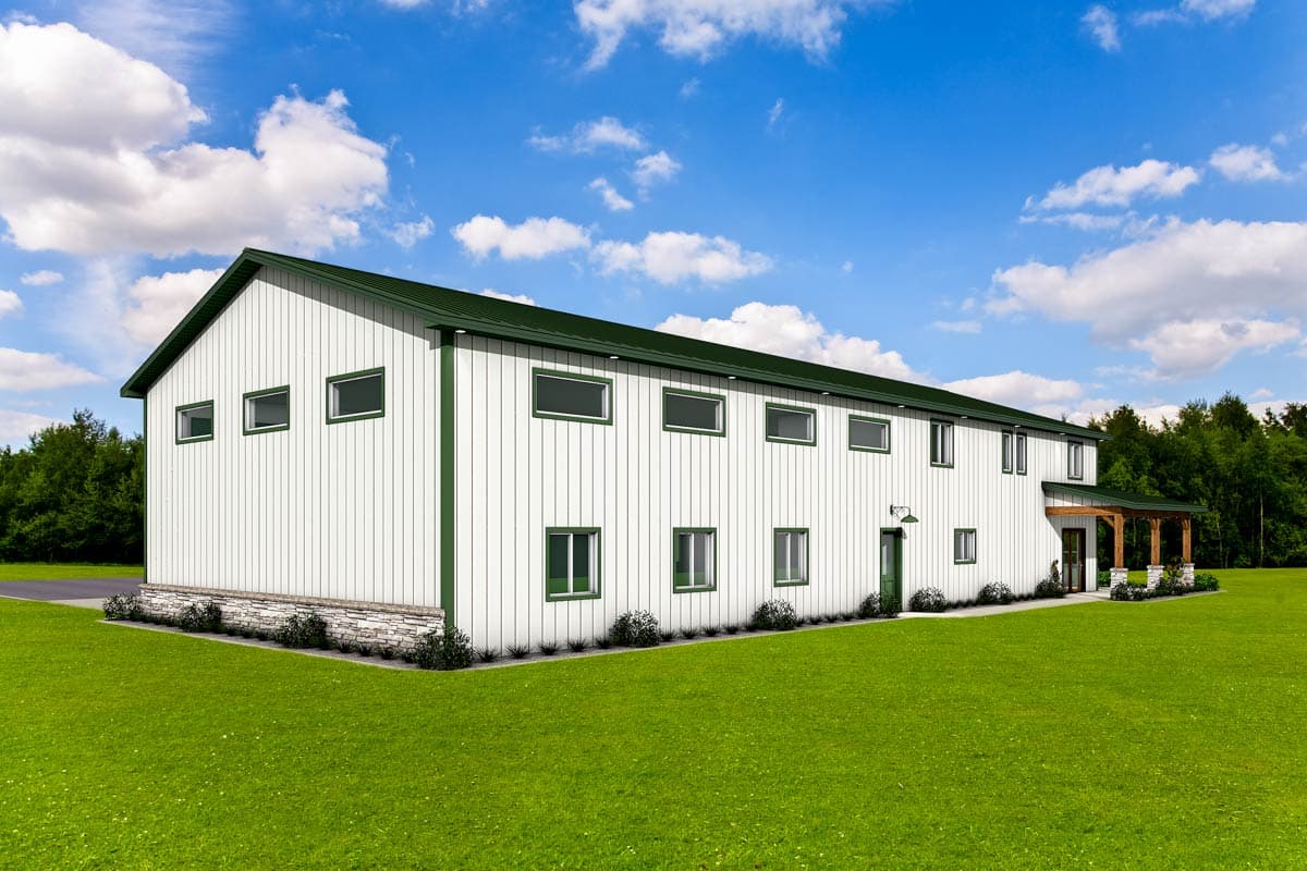 House plan exterior with white vertical siding, green metal roof, multiple rectangular windows, and a covered porch.