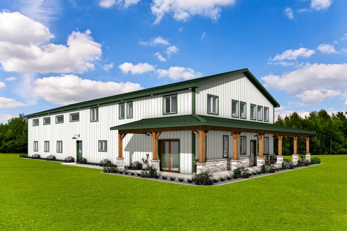House plan exterior, two stories, white vertical siding, green metal roof, long wrap-around porch with stone bases and timber posts.