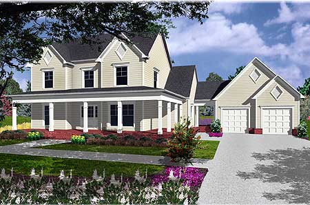 House plan exterior: Two-story home with a wrap-around porch, multiple gables, dormers, and attached two-car garage.