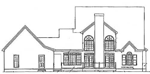 House plan rear elevation drawing showing a gambrel roofline, large windows with arched transoms, dual French doors, and a prominent chimney.