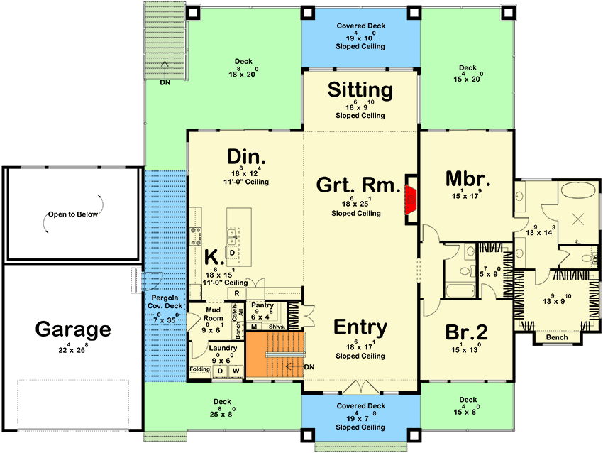 Plan 623434DJ: 2-Bed Modern Lake House Plan with Wrap Around Porch - 2785 Sq Ft - Floor Plan - Main Level - Contemporary, Mid Century Modern, Modern, Mountain